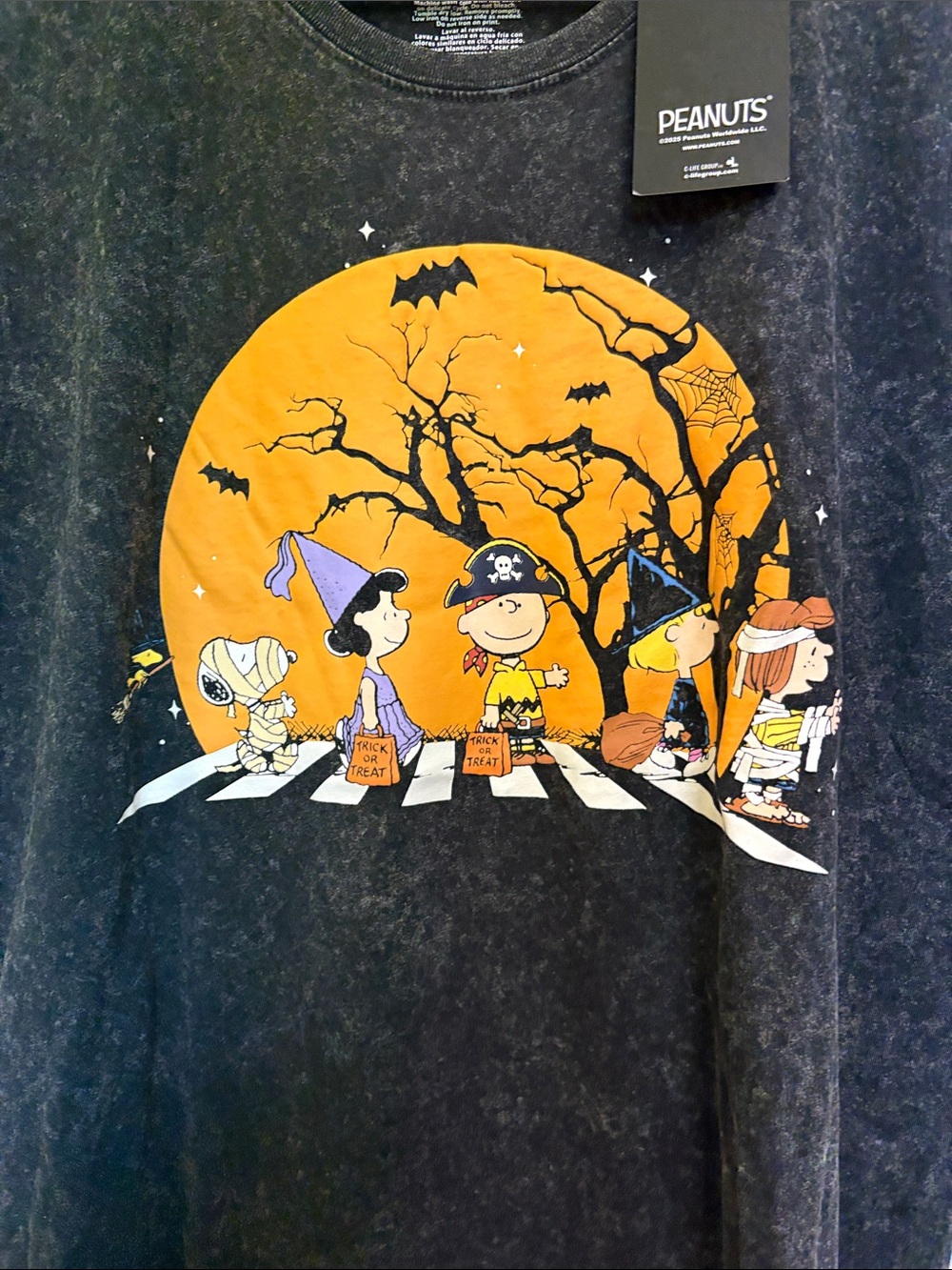 New Peanuts Black Mineral-Wash Short Sleeve Tee with aHalloween Graphic - Picture 4 of 13